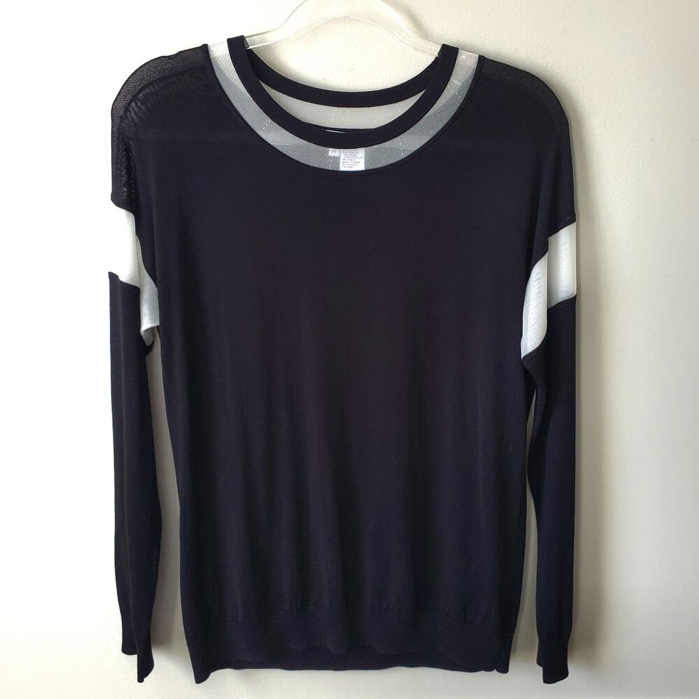 Per Se Black White Sheer Stripe Knit Top M Modern Statement Career Minimalist